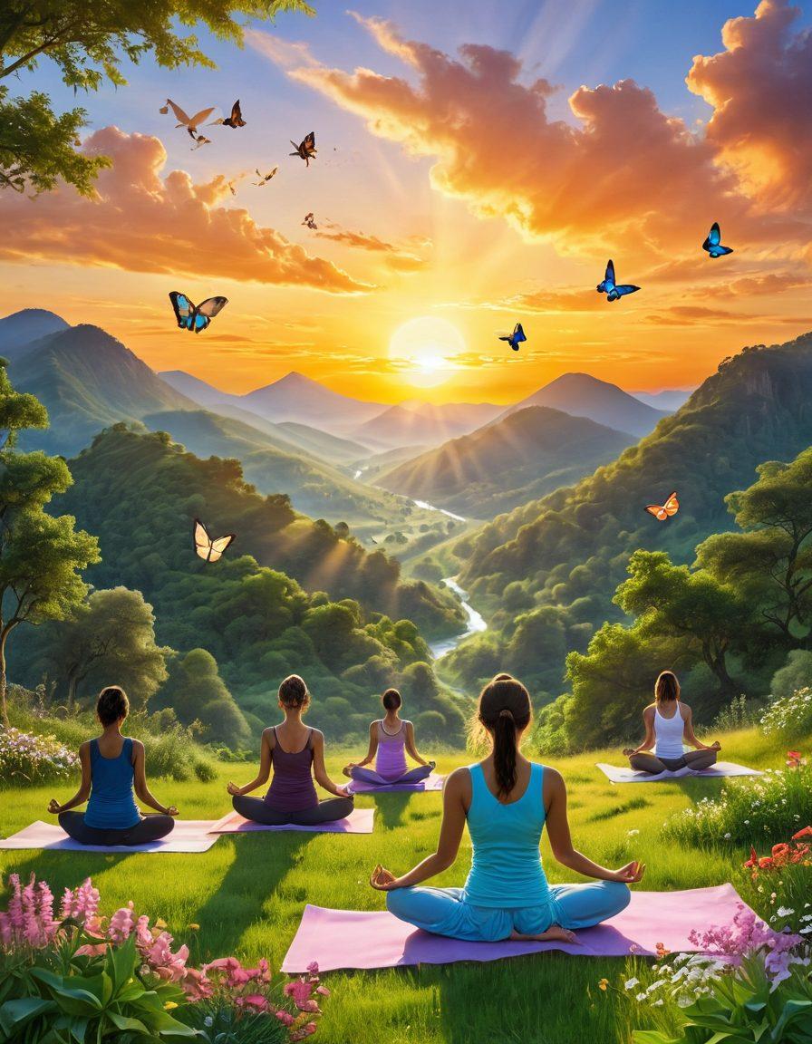 A serene landscape with a golden sunrise illuminating a peaceful valley, where a diverse group of joyful people are practicing yoga and meditation, radiating positivity and bliss. Enchanted butterflies flutter around them, symbolizing transformation and happiness. In the background, lush green hills and blooming flowers signify growth and vitality. The overall atmosphere is one of harmony and exuberant joy. super-realistic. vibrant colors. serene background.