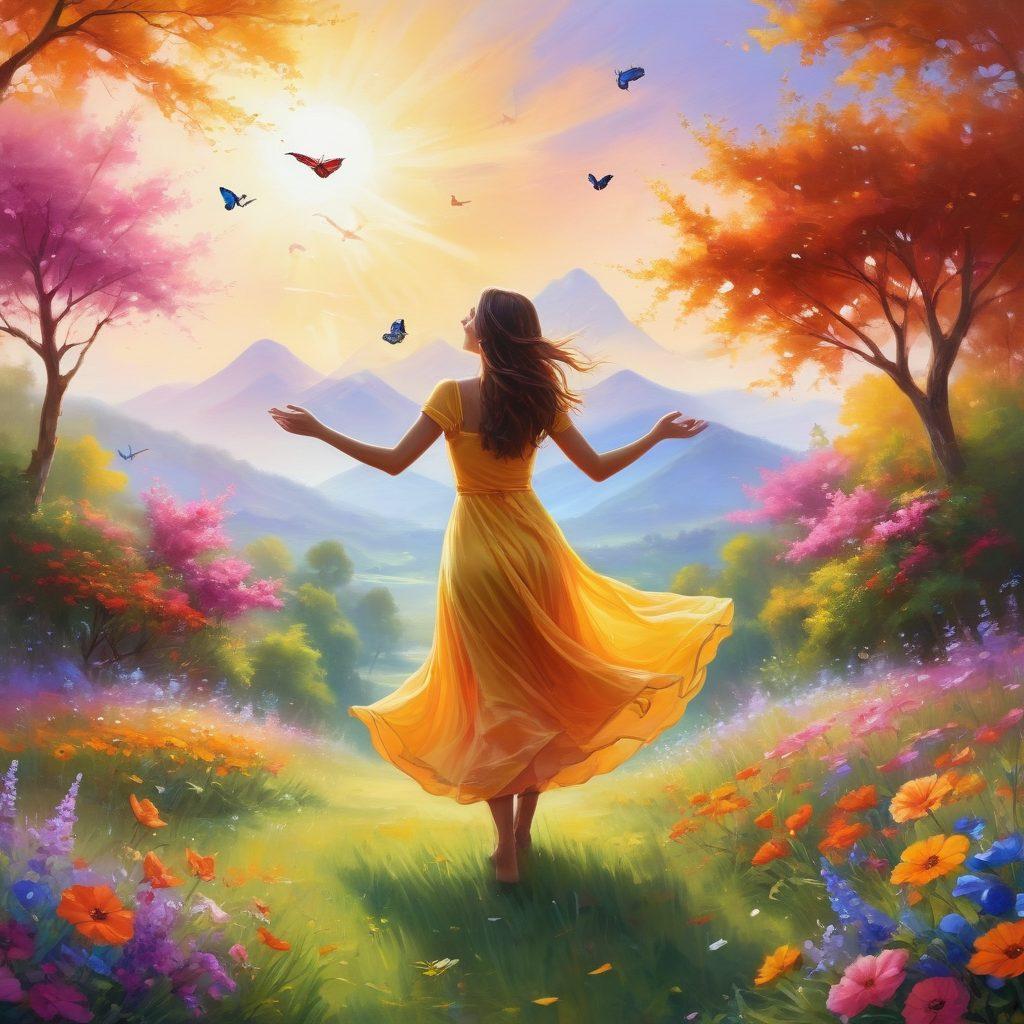 A serene scene depicting a joyful person surrounded by vibrant nature, capturing the essence of blissful living. The individual is engaged in a simple yet joyful moment like dancing or meditating, with colorful flowers and sunshine radiating warmth around them. Soft, uplifting elements like butterflies and birds enhance the atmosphere of joy and peace. The background features a dreamy landscape that suggests harmony and positivity. super-realistic. vibrant colors. soft focus.