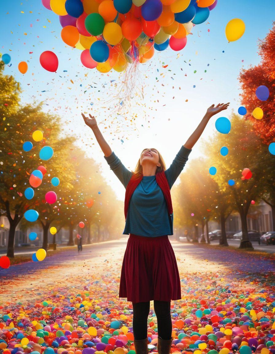 A vibrant scene depicting a person transitioning from a calm state of contentment to a joyful state of elation, surrounded by colorful balloons and confetti, with a bright sun shining in the background. Incorporate elements such as a serene landscape transforming into a lively celebration, symbolizing the journey from peace to happiness. Include a variety of cheerful colors that evoke positive emotions. super-realistic. vibrant colors. dreamy background.